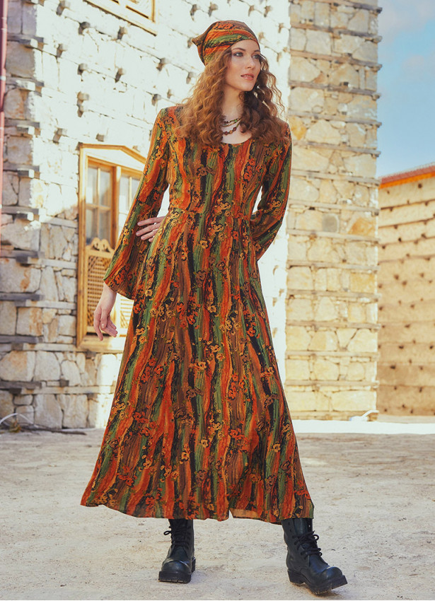Spanish Sleeve Printed Orange Maxi Dress