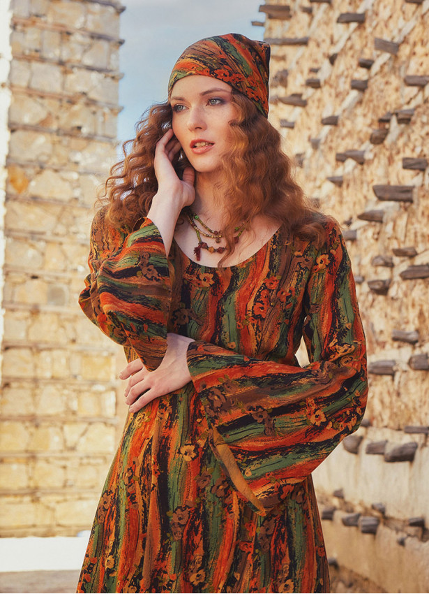 Spanish Sleeve Printed Orange Maxi Dress