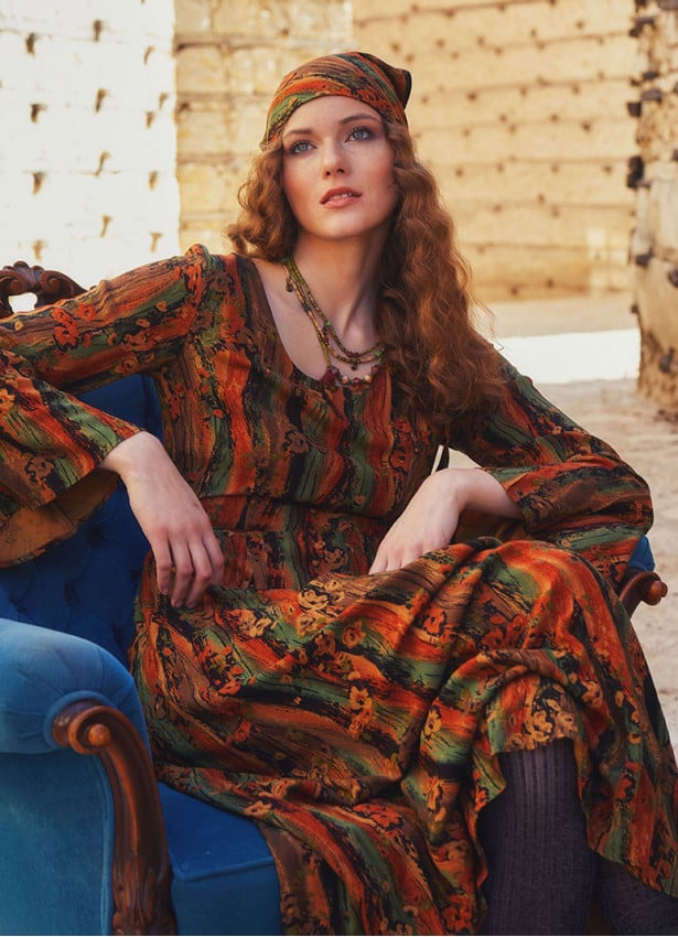Spanish Sleeve Printed Orange Maxi Dress