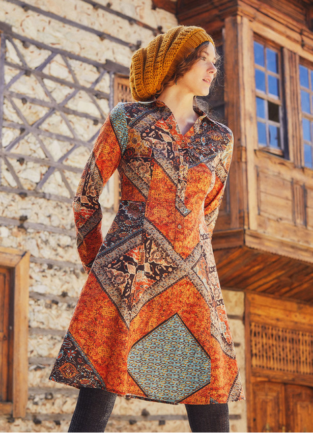 Brown Printed Long Sleeve Shirt Dress