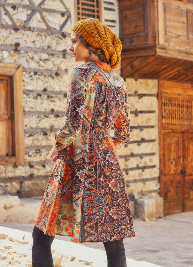 Brown Printed Long Sleeve Shirt Dress