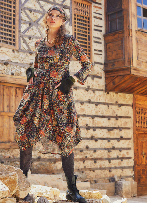 Khaki Printed V Neckline Long Sleeve Dress