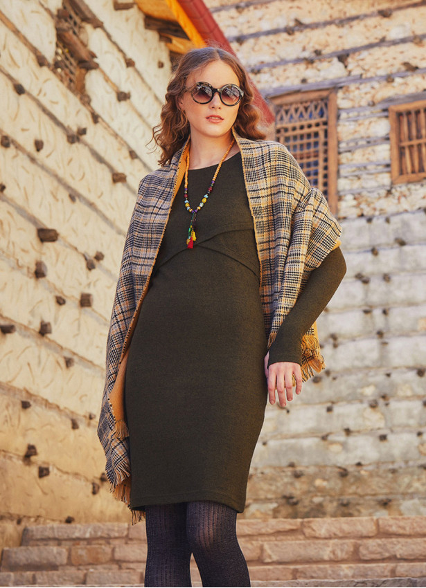 Khaki Thumb Hole Boat Neck Short Dress