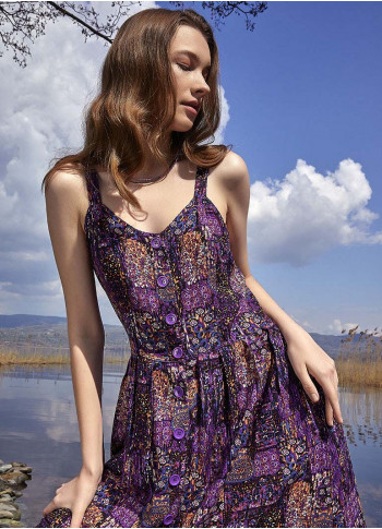 Bohemian Style Buttoned Wide Strap Long Purple Patterned Dress