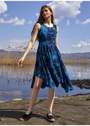 Authentic Print Asymmetrical Hem Midi Summer Dress