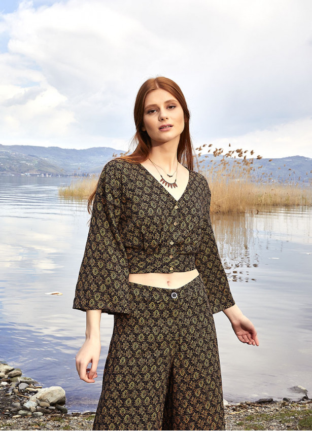 Shirred Back  Long Sleeve Brown Patterned Bohemian Crop Top
