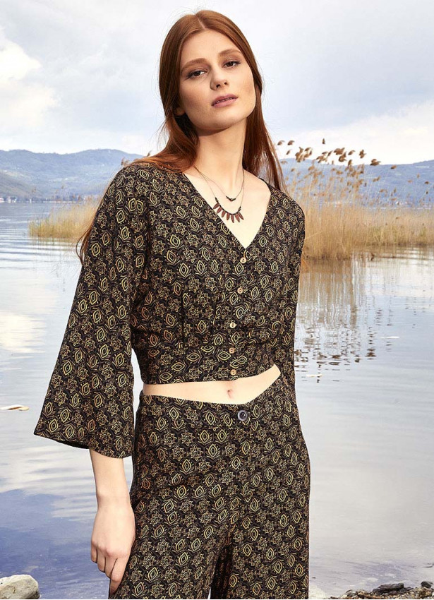 Shirred Back  Long Sleeve Brown Patterned Bohemian Crop Top
