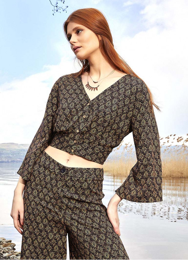 Shirred Back  Long Sleeve Brown Patterned Bohemian Crop Top