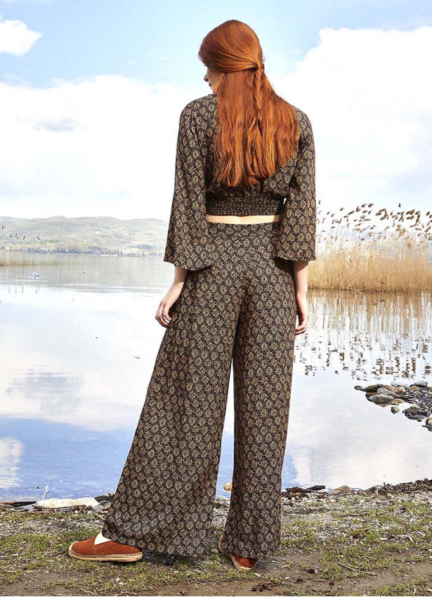 Shirred Back  Long Sleeve Brown Patterned Bohemian Crop Top