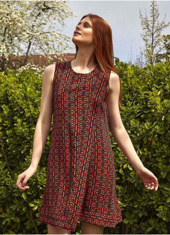 Front Layer Detailed Sleeveless Short Red Pattern Dress