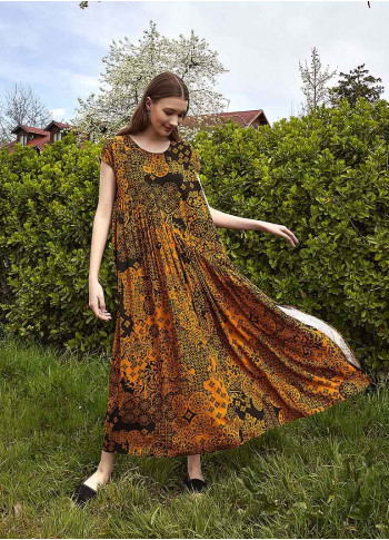 Boho Style Patterned Flared Long Slit Dress