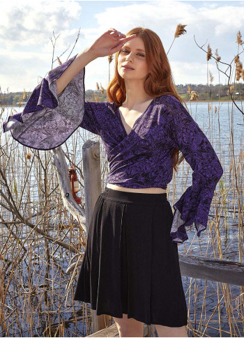 Purple Patterned Gypsy Style Bell Sleeve Crop Top