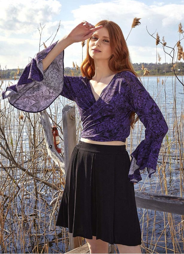 Purple Patterned Gypsy Style Bell Sleeve Crop Top