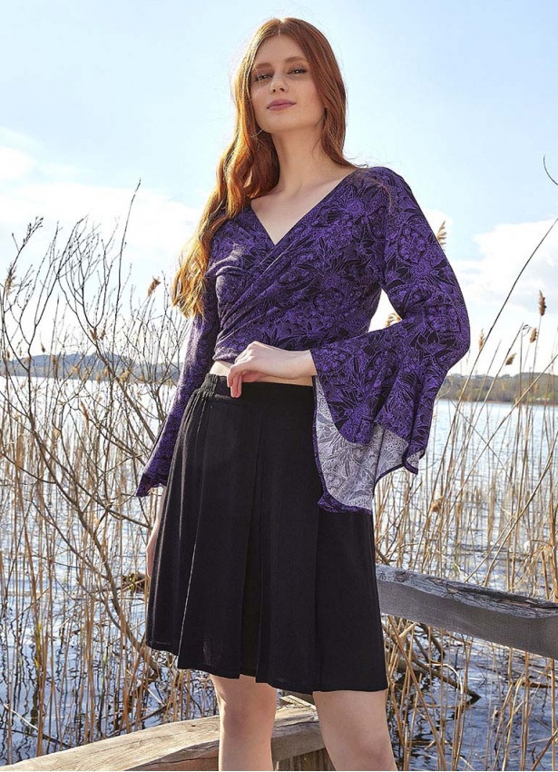 Purple Patterned Gypsy Style Bell Sleeve Crop Top
