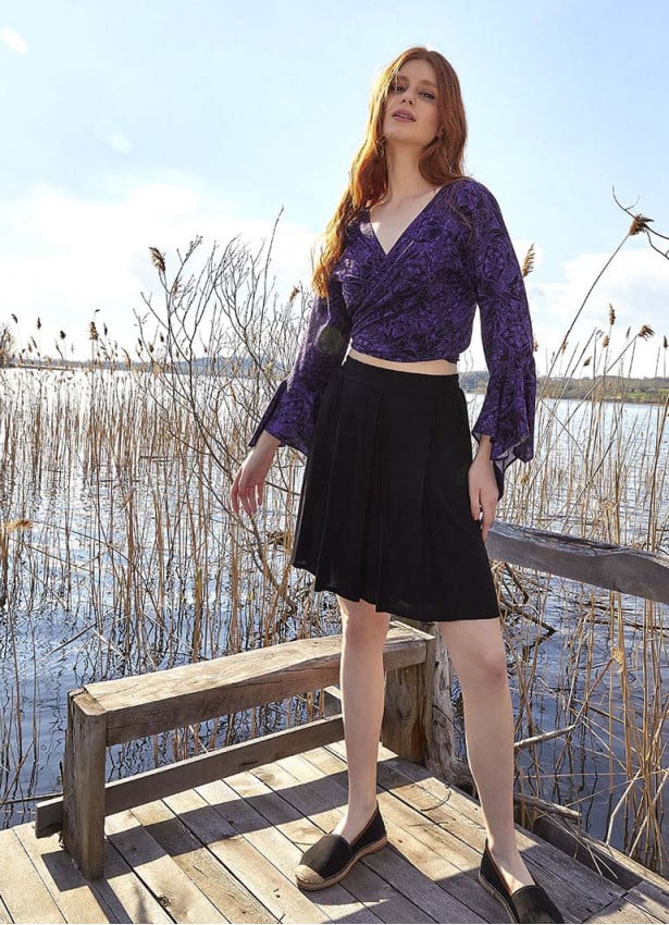 Purple Patterned Gypsy Style Bell Sleeve Crop Top