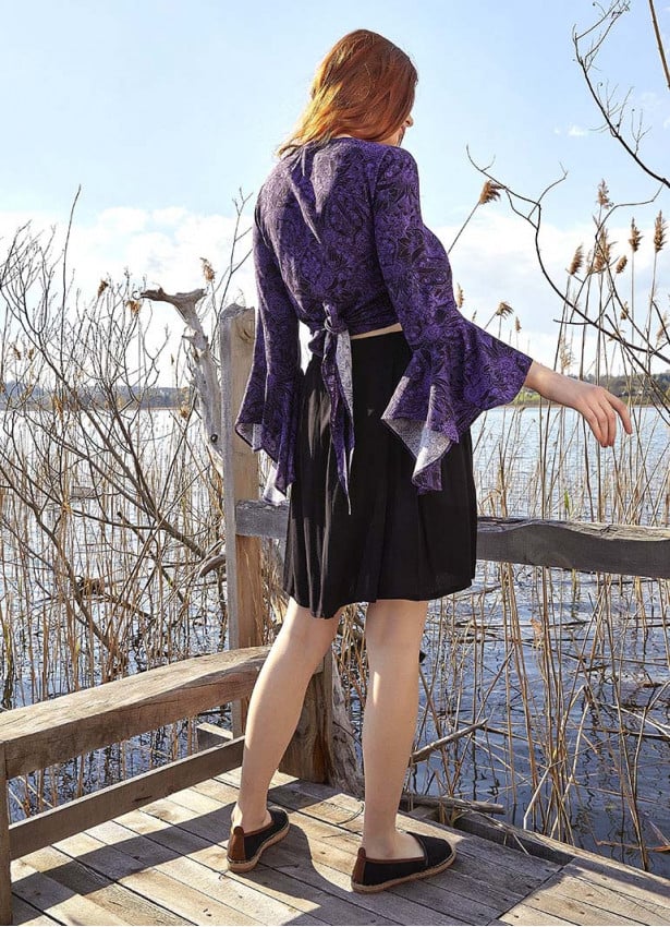 Purple Patterned Gypsy Style Bell Sleeve Crop Top