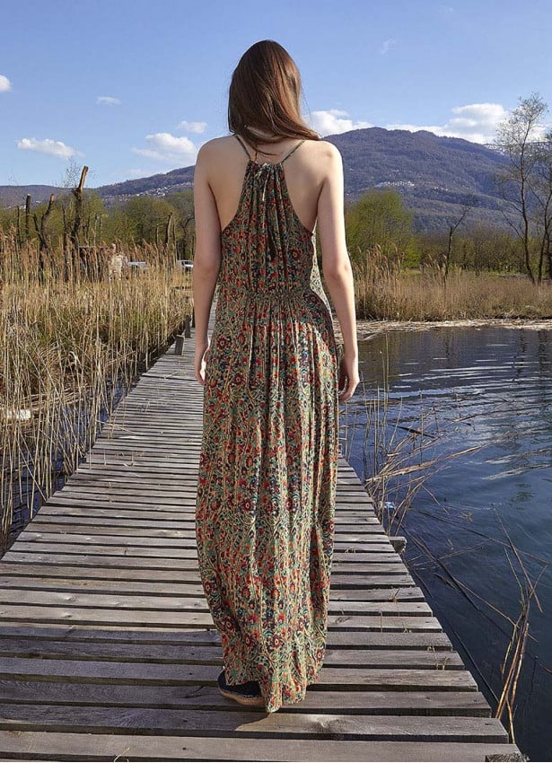 Ethnic Print Back Decollete Slit-Neck Green Dress