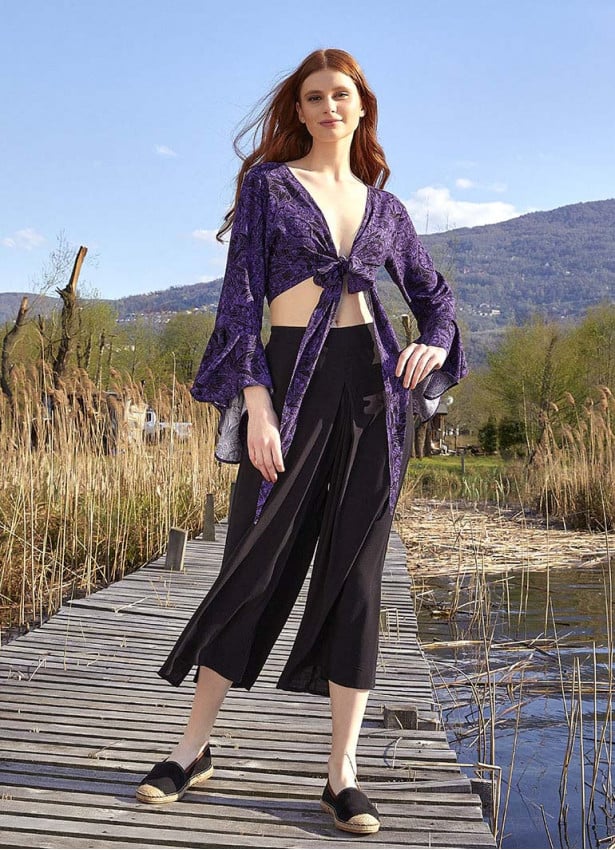 Purple Patterned Gypsy Style Bell Sleeve Crop Top
