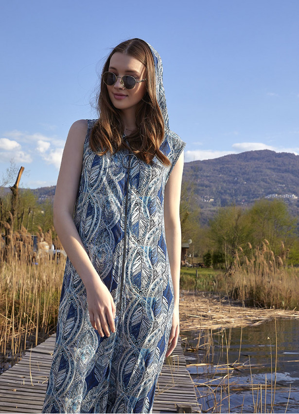 Boho Style Hooded Blue Patterned Harem Jumpsuit