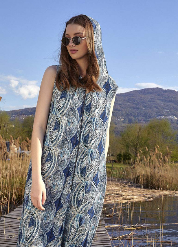 Boho Style Hooded Blue Patterned Harem Jumpsuit