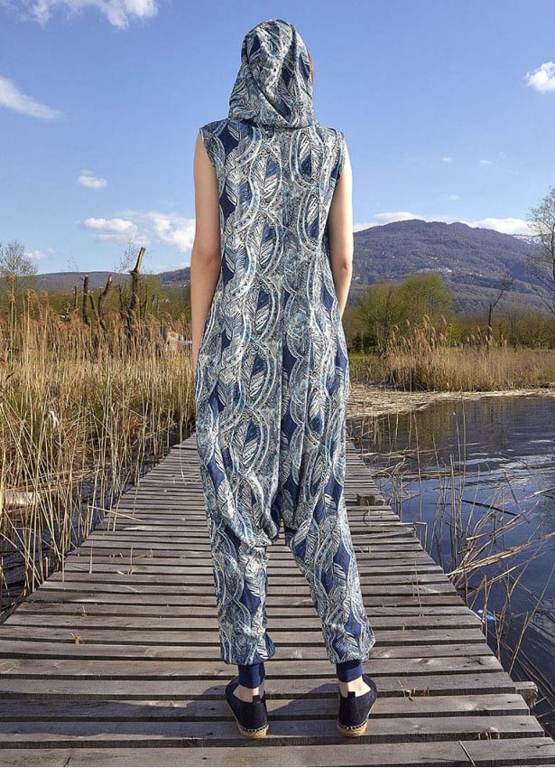 Boho Style Hooded Blue Patterned Harem Jumpsuit