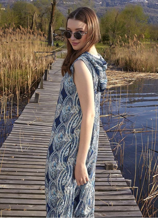 Boho Style Hooded Blue Patterned Harem Jumpsuit