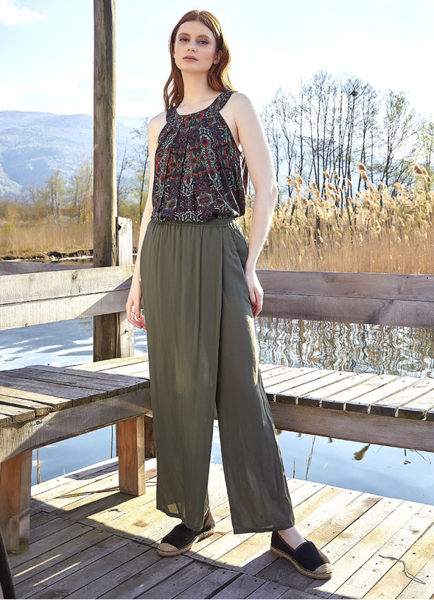 Wrap Front Detail Elastic Waist Flowy Khaki Pants