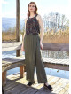 Wrap Front Detail Elastic Waist Flowy Khaki Pants
