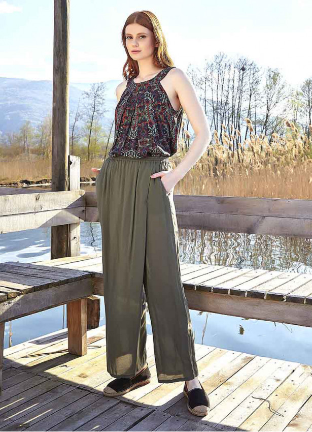 Wrap Front Detail Elastic Waist Flowy Khaki Pants
