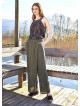 Wrap Front Detail Elastic Waist Flowy Khaki Pants