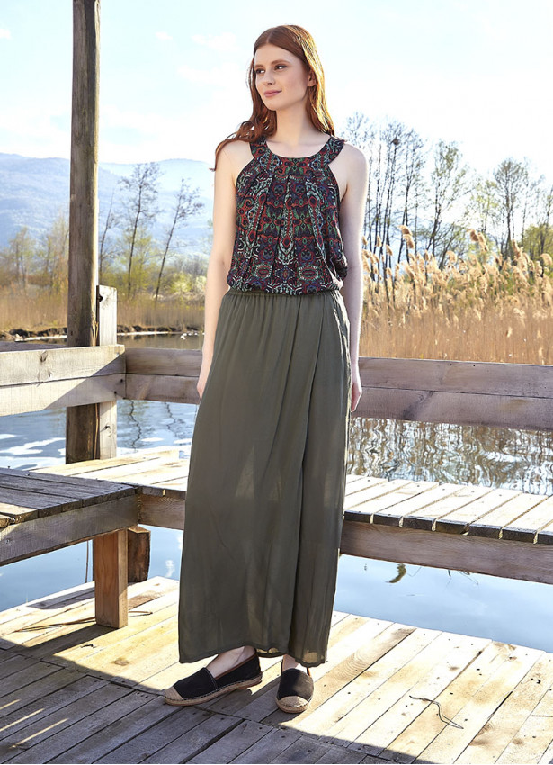 Wrap Front Detail Elastic Waist Flowy Khaki Pants