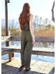 Wrap Front Detail Elastic Waist Flowy Khaki Pants