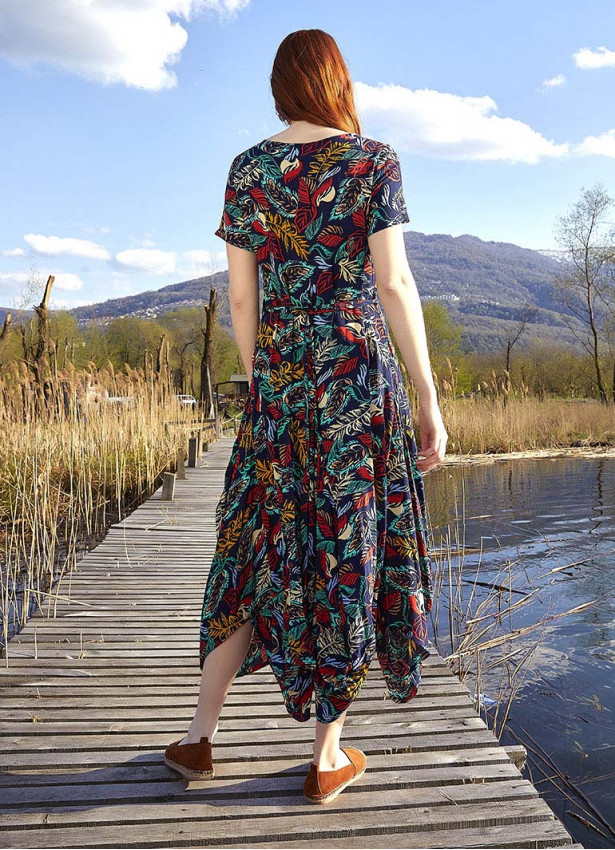 Authentic Pool Neck Half Sleeve Claret Blue Patterned Long Dress