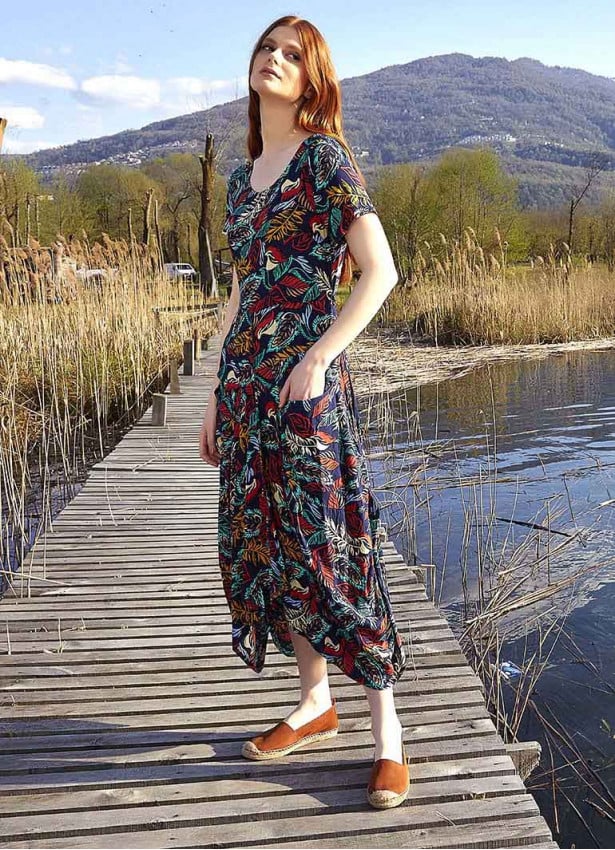 Authentic Pool Neck Half Sleeve Claret Blue Patterned Long Dress