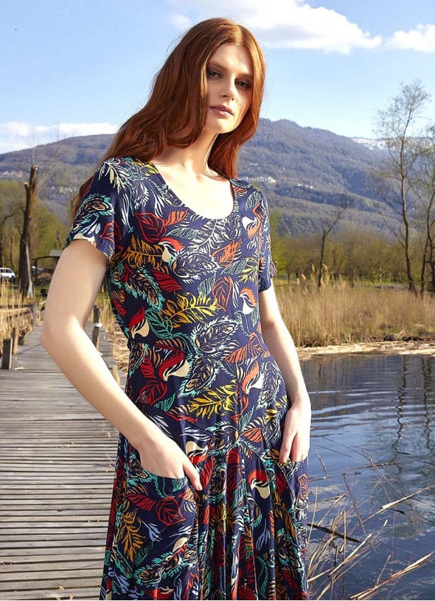 Authentic Pool Neck Half Sleeve Claret Blue Patterned Long Dress