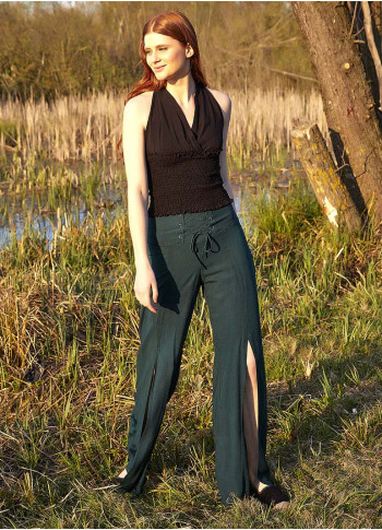 Lace-up Slit Dark Green Bohemian Trousers