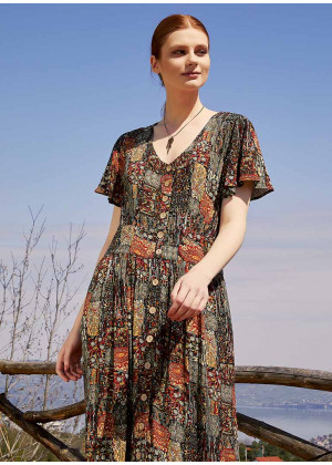 Khaki Printed Bohemian Shirtwaist Maxi Dress