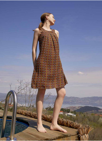 Mustard Patterned Adjustable Waist Lace Dress