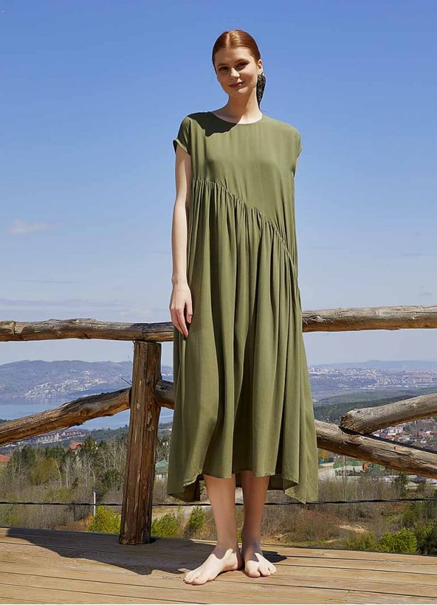 Boho Style Flared Long Slit Khaki Dress