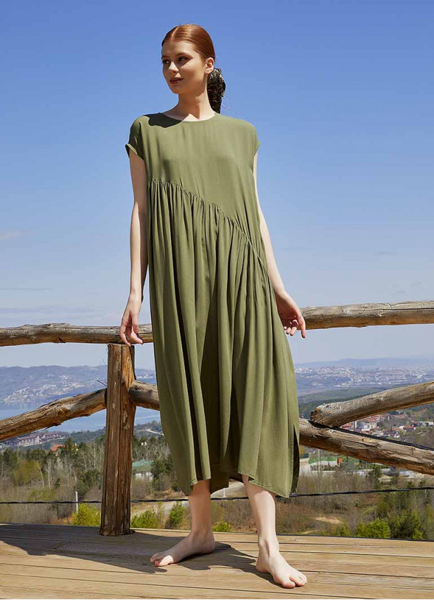 Boho Style Flared Long Slit Khaki Dress