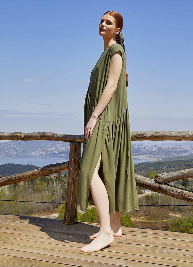 Boho Style Flared Long Slit Khaki Dress