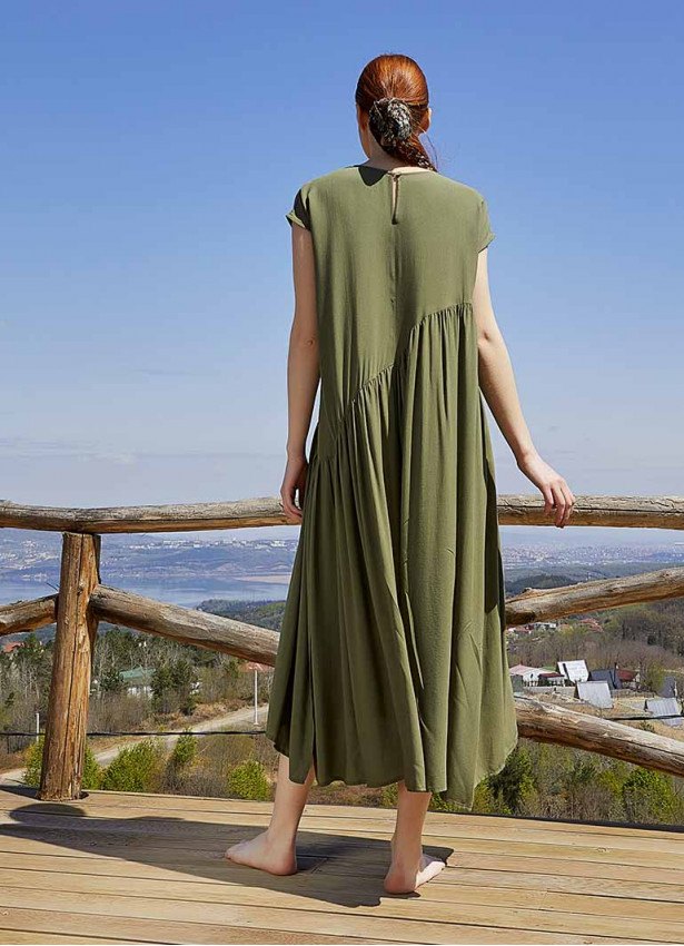 Boho Style Flared Long Slit Khaki Dress