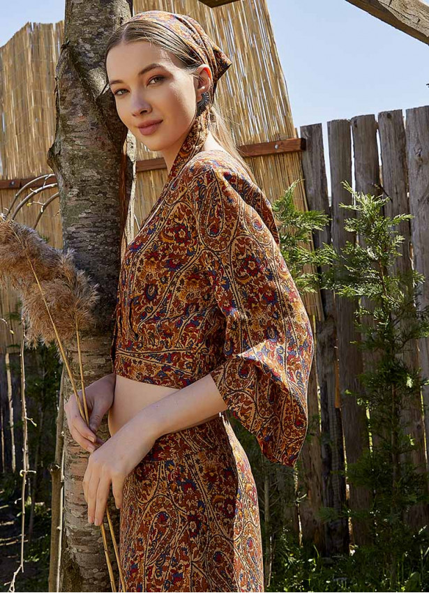 Shirred Back  Long Sleeve Patterned Bohemian Crop Top