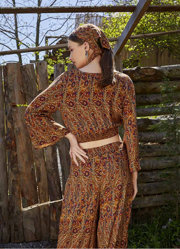 Shirred Back  Long Sleeve Patterned Bohemian Crop Top