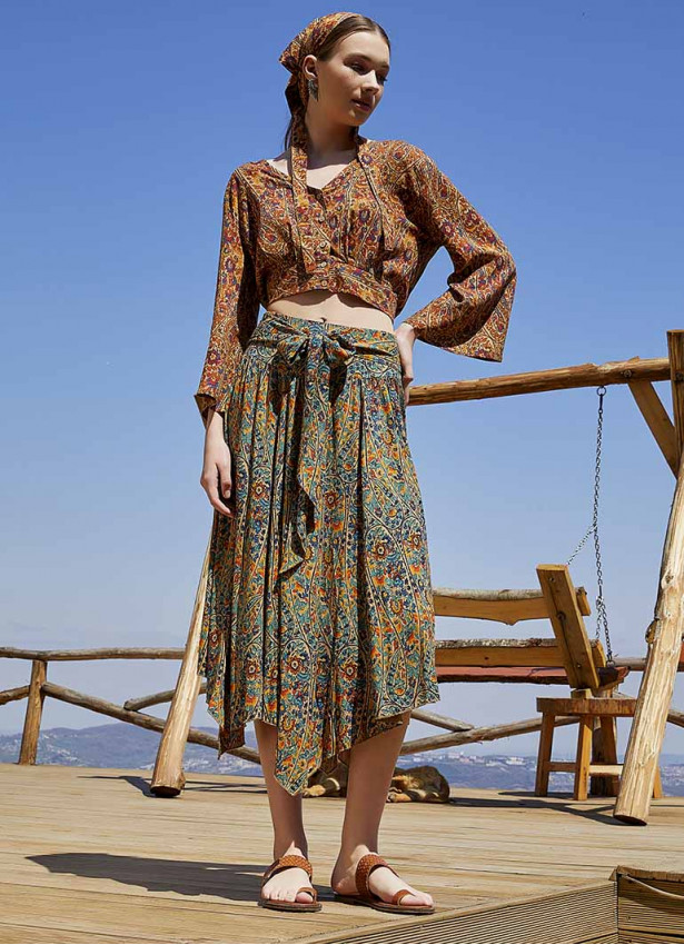 Petrol Pera Asymmetrical Hem Flowy Midi Skirt