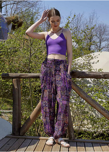 Purple Patterned Bohemian Style Flowy Baggy Trousers