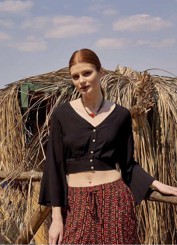 Shirred Back  Long Sleeve Black Bohemian Crop Top