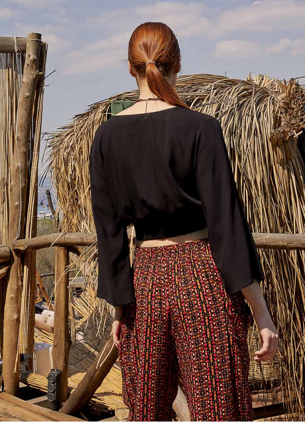 Shirred Back  Long Sleeve Black Bohemian Crop Top