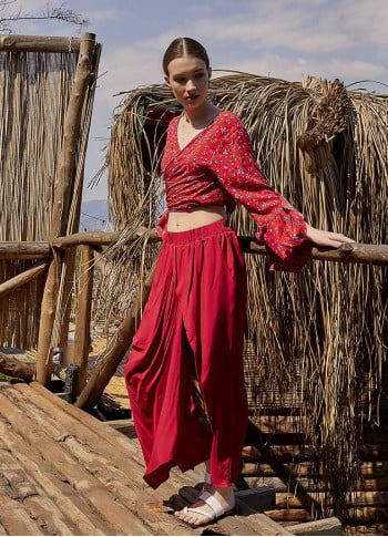 Wrap Front Loose Fit Boho Summer Red Pants