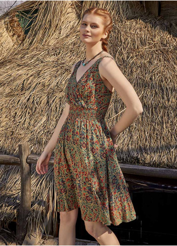 Double Breasted Neck Line Shirred Waist Bohemian Green Pattern Sundress